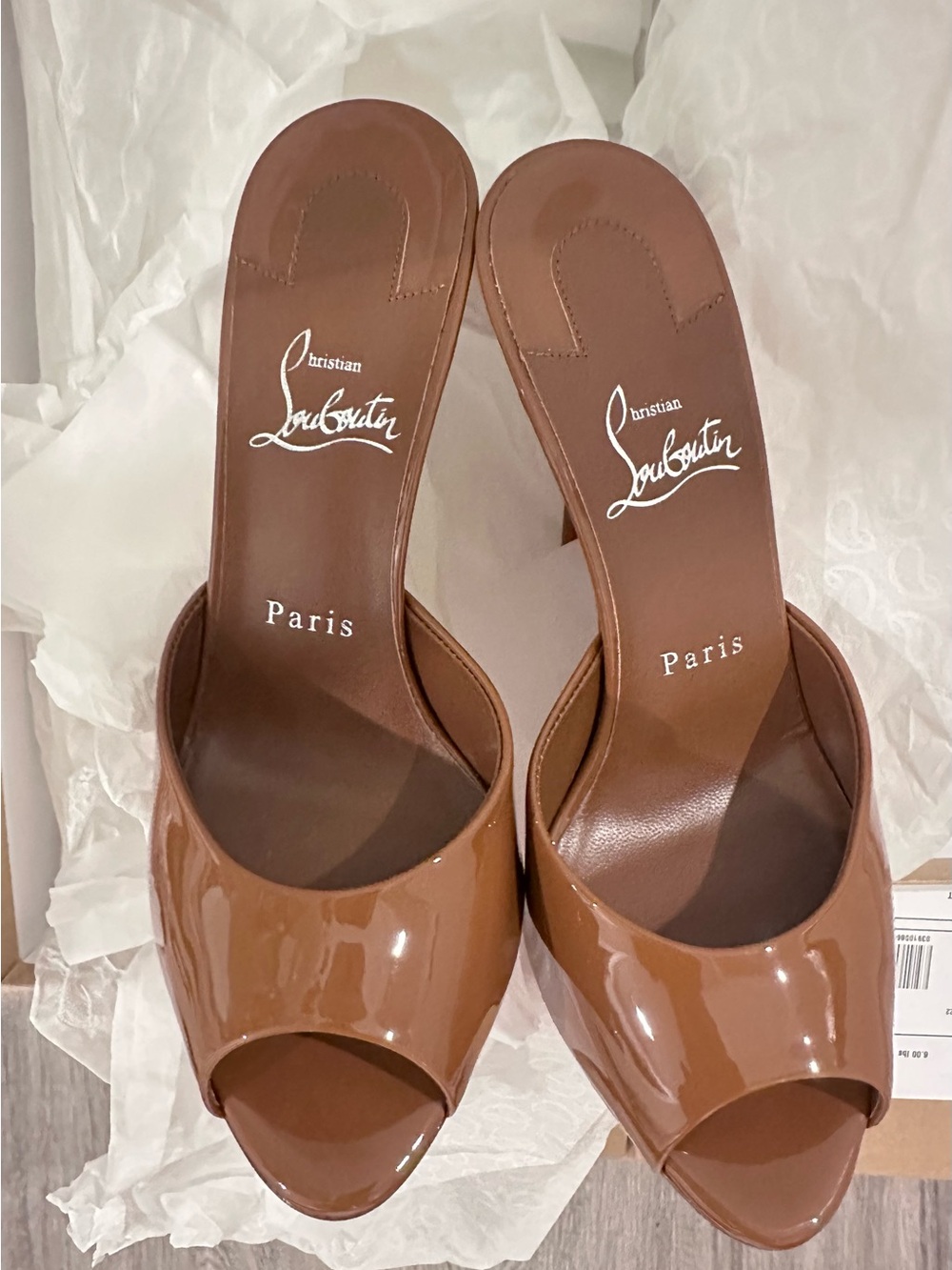 Christian Louboutin Tan Patent Peep-Toe Mule with Red Heel